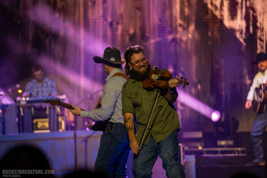 A musician playing the violin on stage with a smiling expression, while another musician plays electric guitar in the background. The scene is illuminated by colorful stage lights.