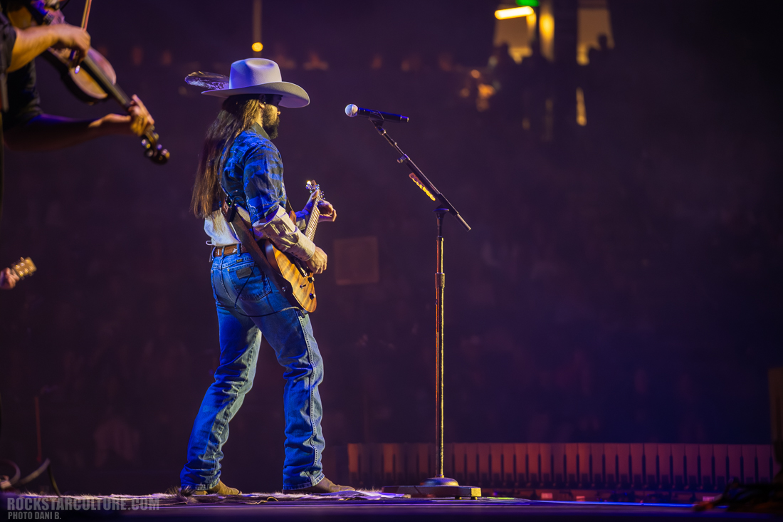 A musician with long hair and a cowboy hat plays a guitar on stage, facing away from the audience, with a microphone stand in front of him. Another musician playing a violin is partially visible in the foreground.