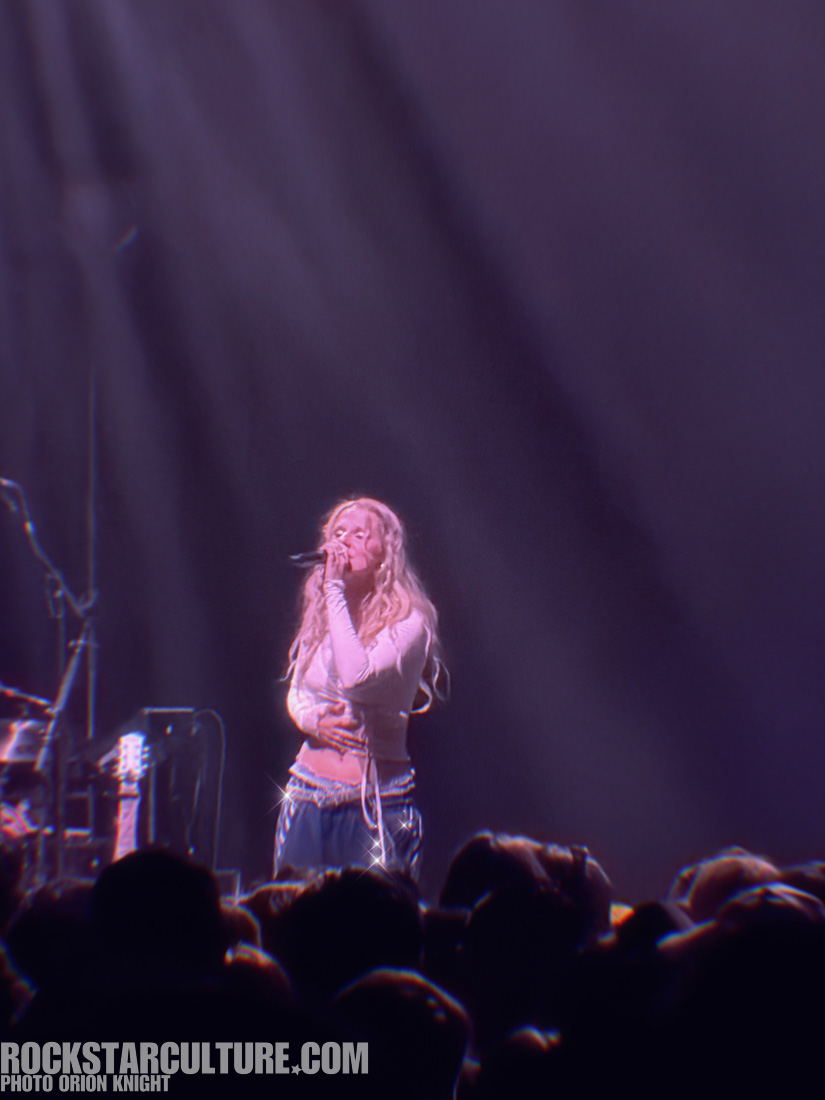 A singer with wavy blonde hair performs on stage, holding a microphone, surrounded by a cheering audience in a dimly lit concert setting.