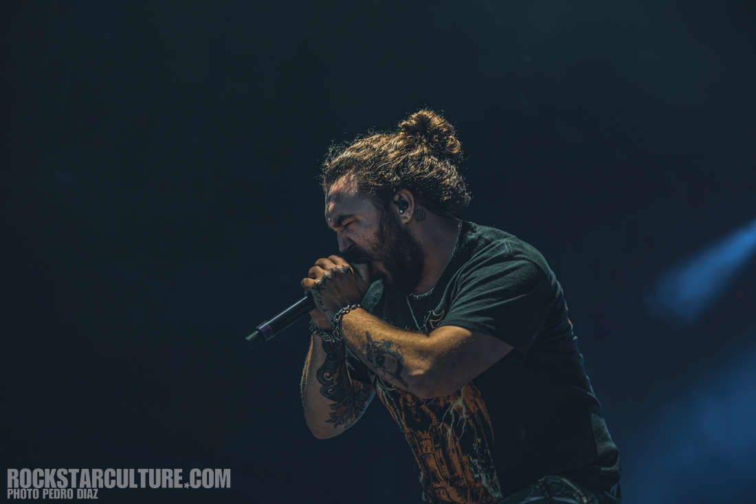 A male musician passionately singing into a microphone on stage, with a focused expression and tattoos visible on arms. He has a bun hairstyle and is wearing a black t-shirt.