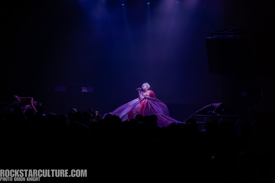 A performer in a dramatic pink gown sings on stage, with a spotlight illuminating her and an audience in the foreground.
