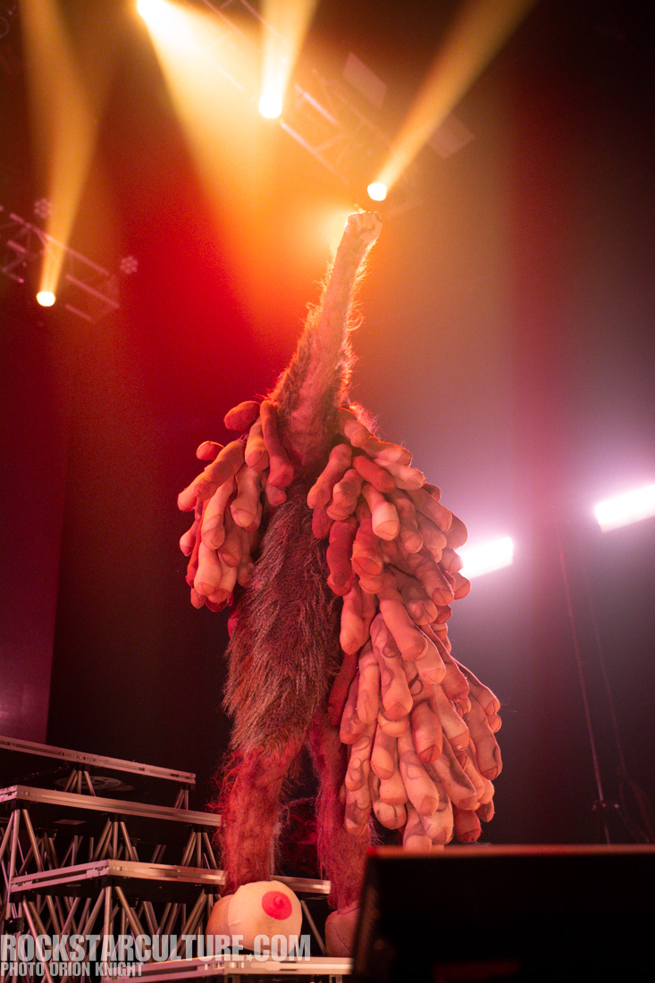 A performer in a whimsical costume resembling a large, furry bird with exaggerated, colorful appendages, set against a backdrop of stage lights.
