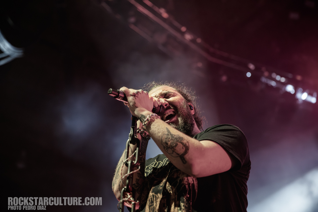 A vocalist passionately singing into a microphone during a live performance, illuminated by stage lights.