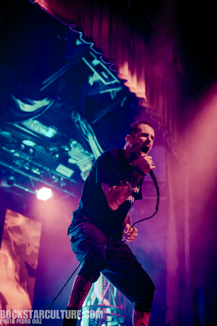 A lead singer passionately performing on stage, holding a microphone, surrounded by vibrant stage lights.