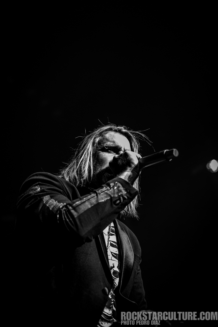A black and white image of a male singer passionately performing on stage with a microphone in hand, illuminated against a dark background.