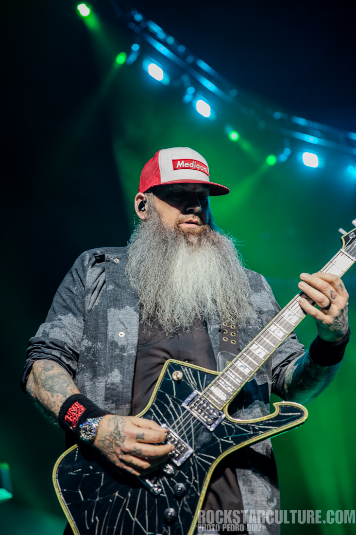 A musician with a long beard and a red cap plays an electric guitar on stage, illuminated by colorful stage lights.