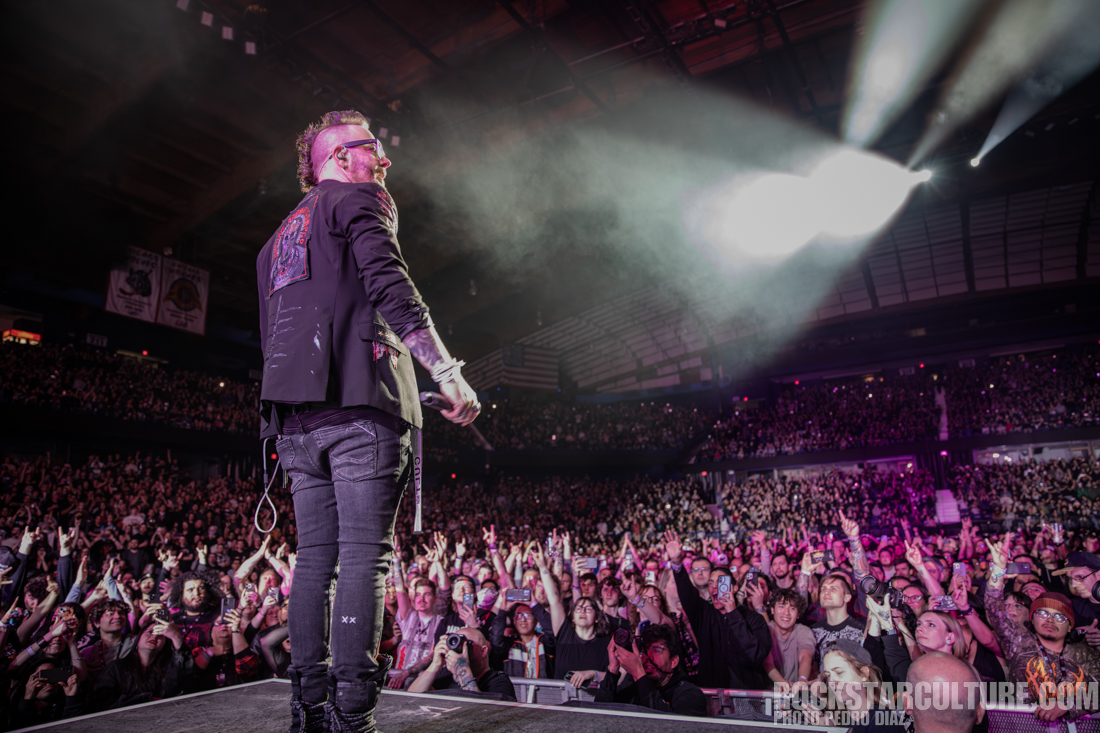 A musician performing on stage with a large crowd in the background, illuminated by stage lights.