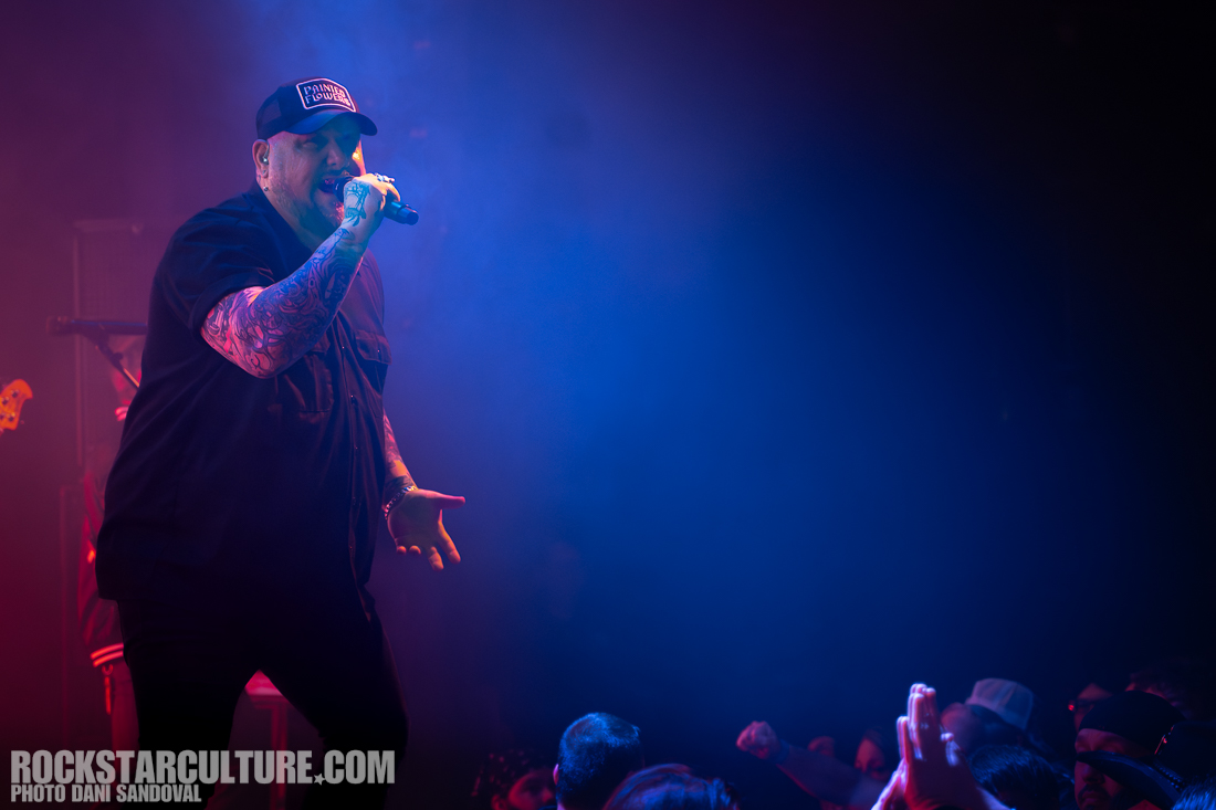 A singer with a microphone performing on stage, surrounded by colorful lights and smoke, with audience members in front showing excitement.