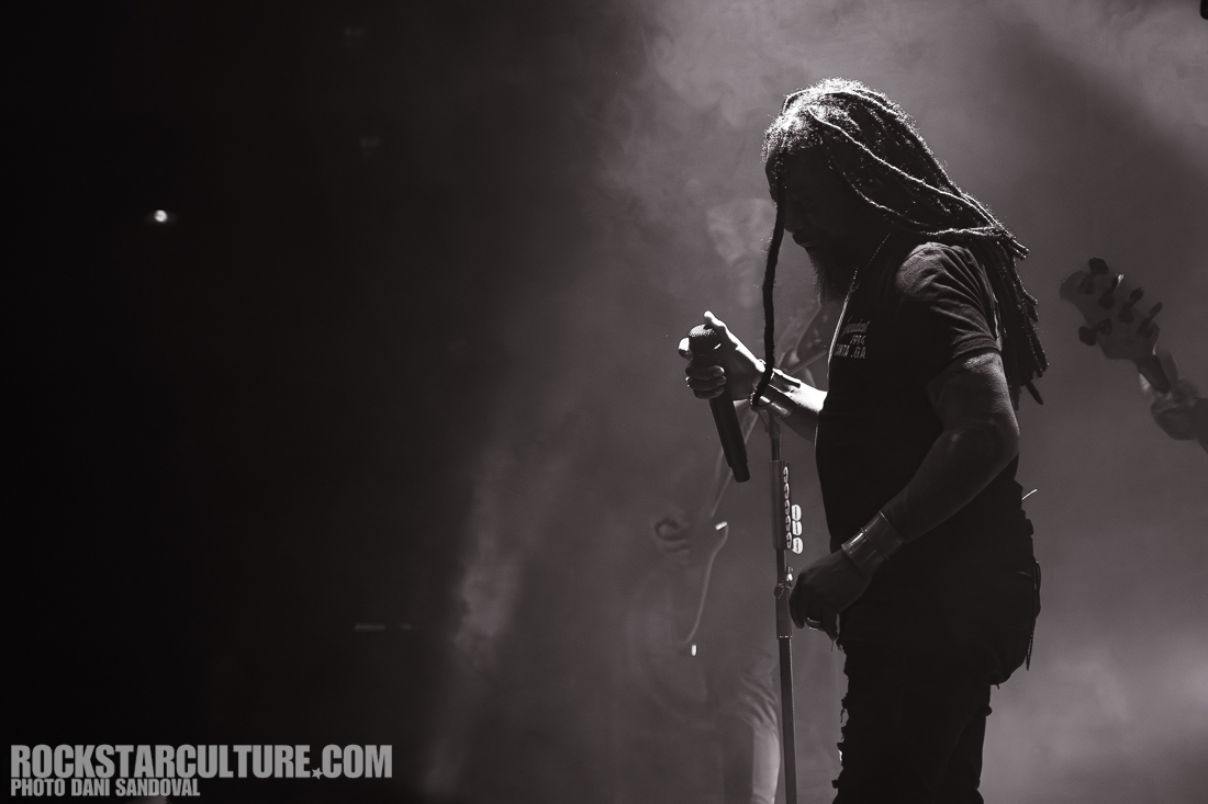 A silhouette of a musician on stage, holding a microphone, surrounded by atmospheric lighting and smoke.