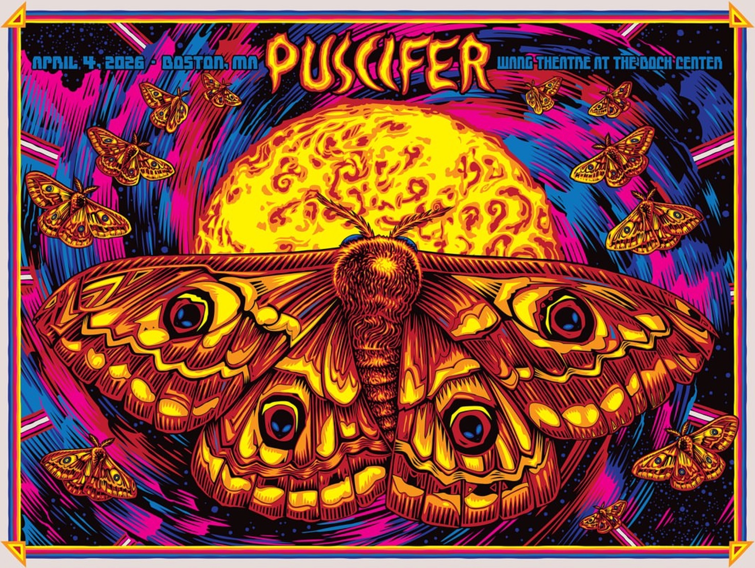 Colorful concert poster for Puscifer featuring a large moth surrounded by smaller moths and a bright sun-like background.