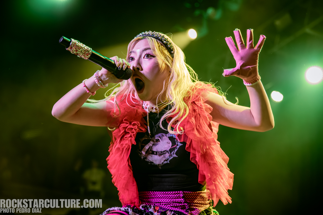 A performer passionately singing into a microphone on stage, wearing a vibrant pink ruffled outfit and a graphic t-shirt, with dynamic lighting in the background.