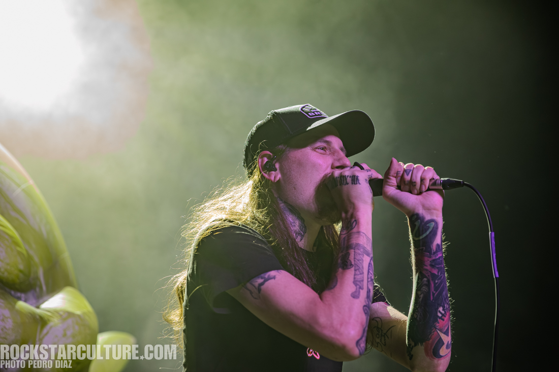 A male vocalist with long hair and tattoos performing on stage while holding a microphone, illuminated by stage lights.