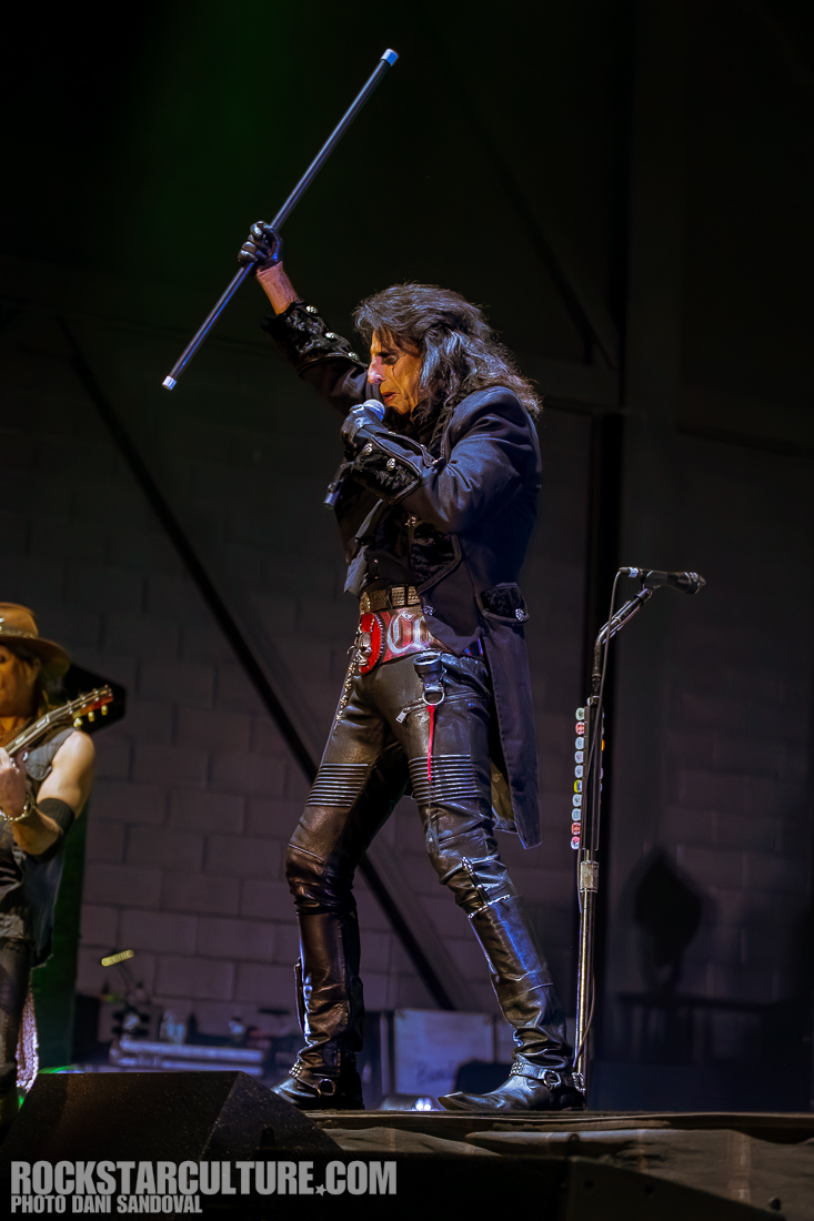A musician performs on stage, holding a microphone stand with one hand and striking a dramatic pose. The performer is dressed in a black coat, shiny pants, and has long hair. In the background, another musician plays guitar.