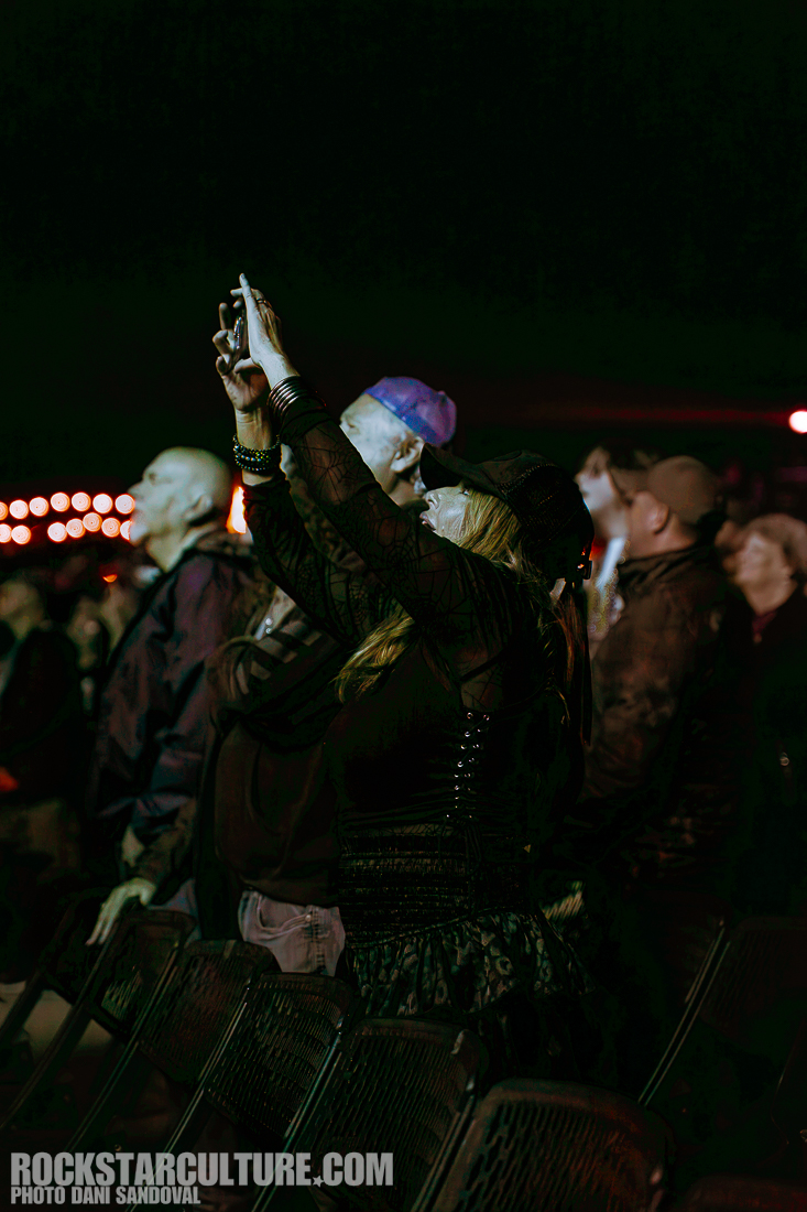 A crowd of concert-goers enjoying a performance, with a woman in the foreground holding up her phone to capture the moment.