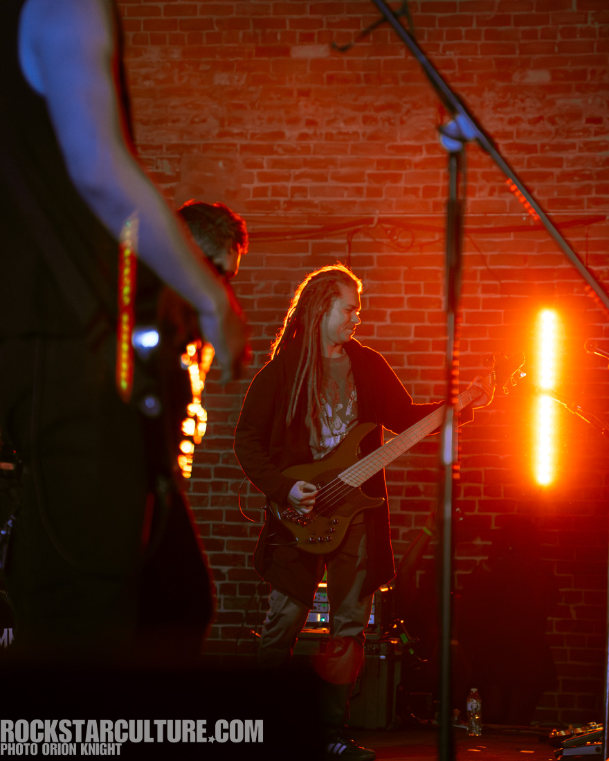 A musician performing on stage with a bass guitar, illuminated by stage lights, against a backdrop of a brick wall.