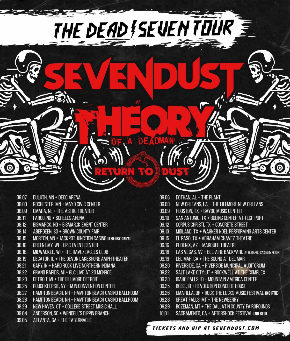 Promotional poster for 'The Dead Seven Tour' featuring Sevendust and Theory of a Deadman with event dates and locations listed.