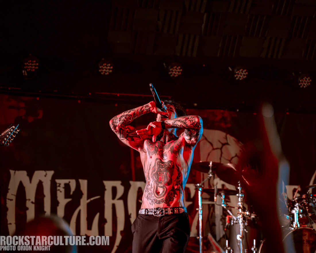 A male performer with numerous tattoos is singing passionately into a microphone on stage, with dramatic lighting illuminating the scene. A band is seen in the background, and fans are holding their hands up in excitement.