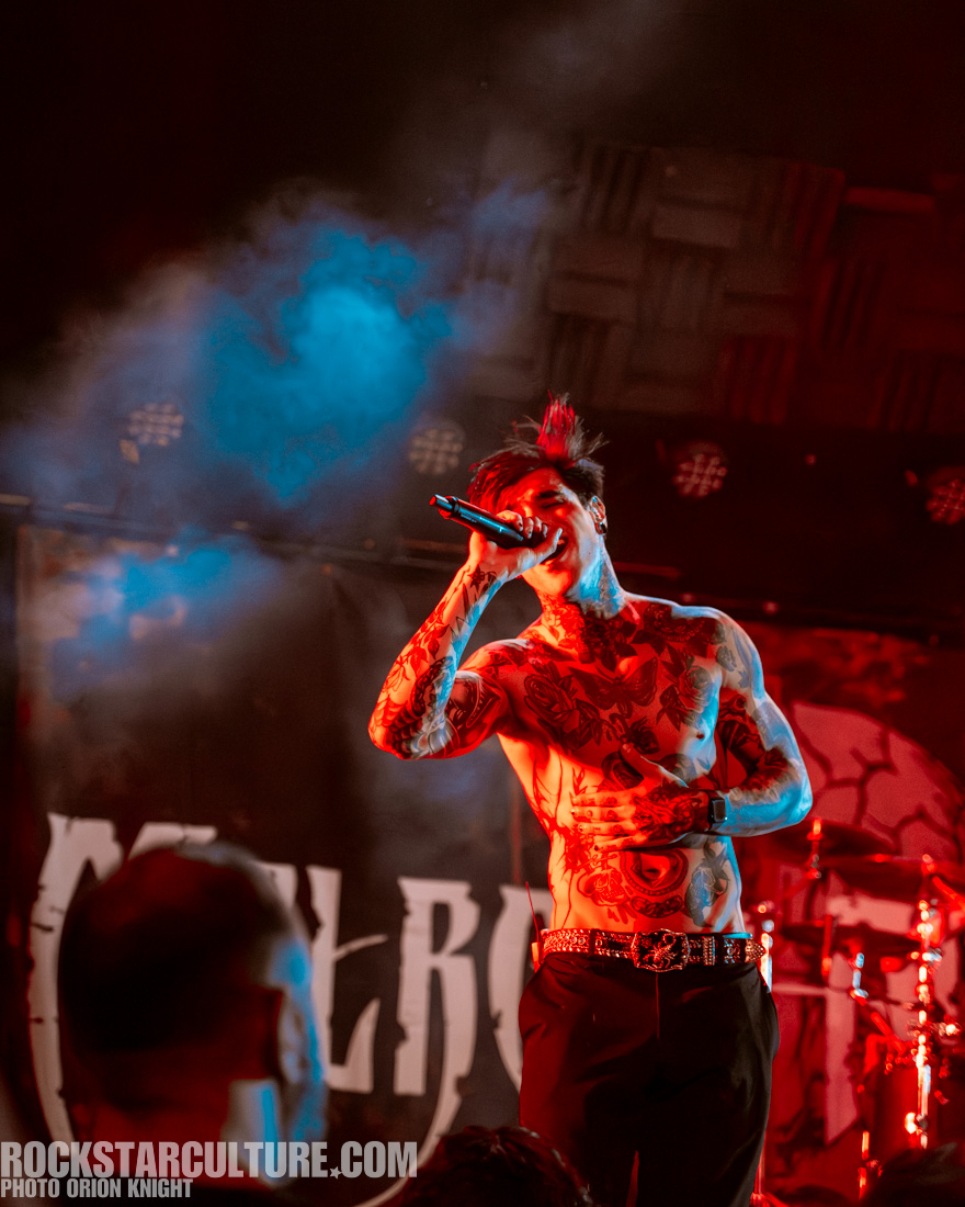 A tattooed male musician performing on stage, passionately singing into a microphone with vibrant stage lighting in the background.