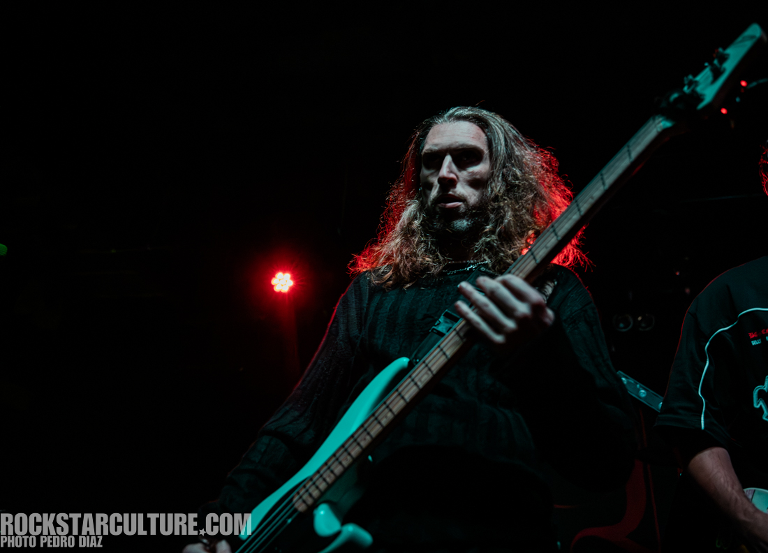 A musician with long hair playing a light blue bass guitar on stage, illuminated by red and green stage lights.