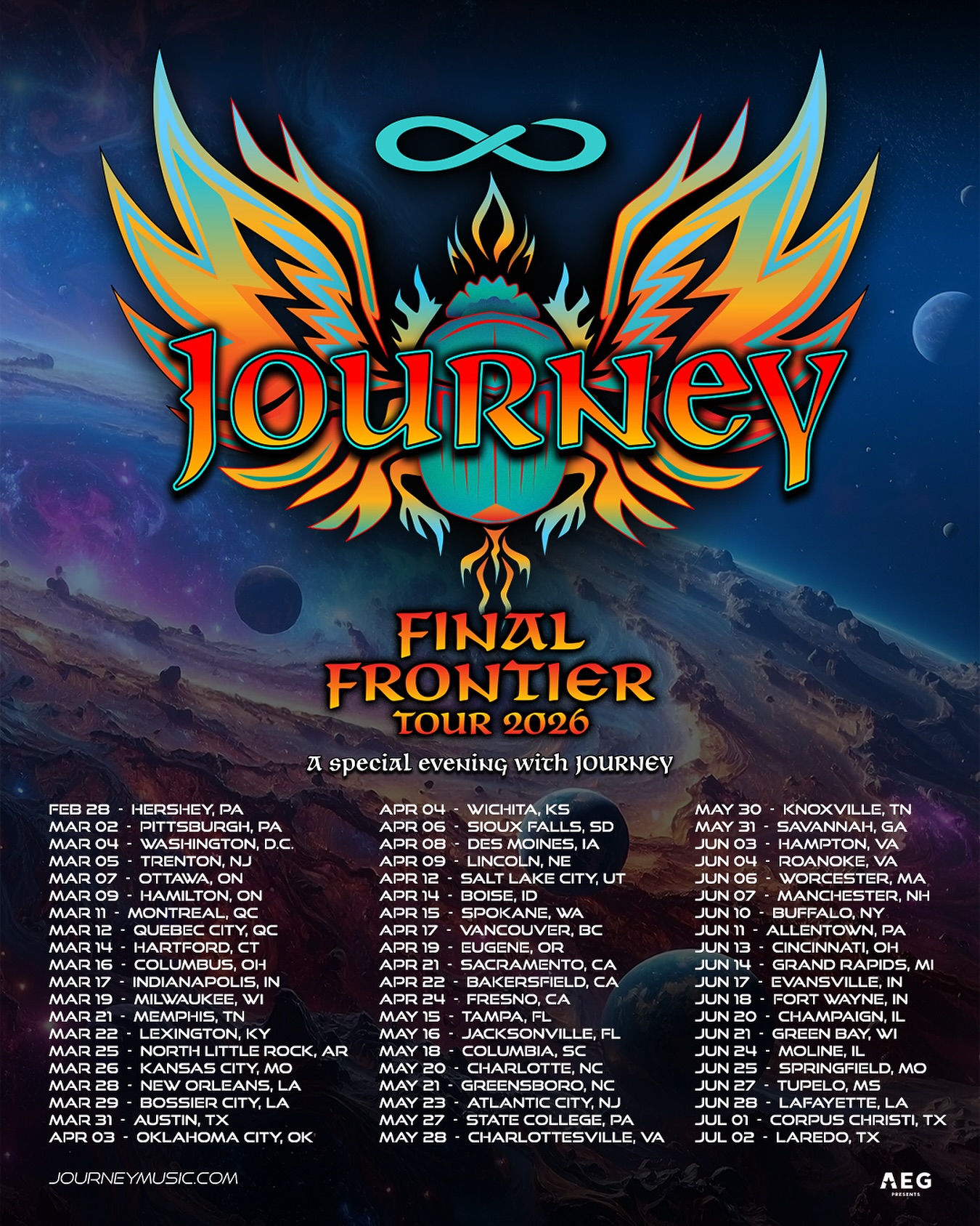Promotional poster for Journey's Final Frontier Tour 2026, featuring the band's logo and a list of concert dates and locations against a cosmic background.