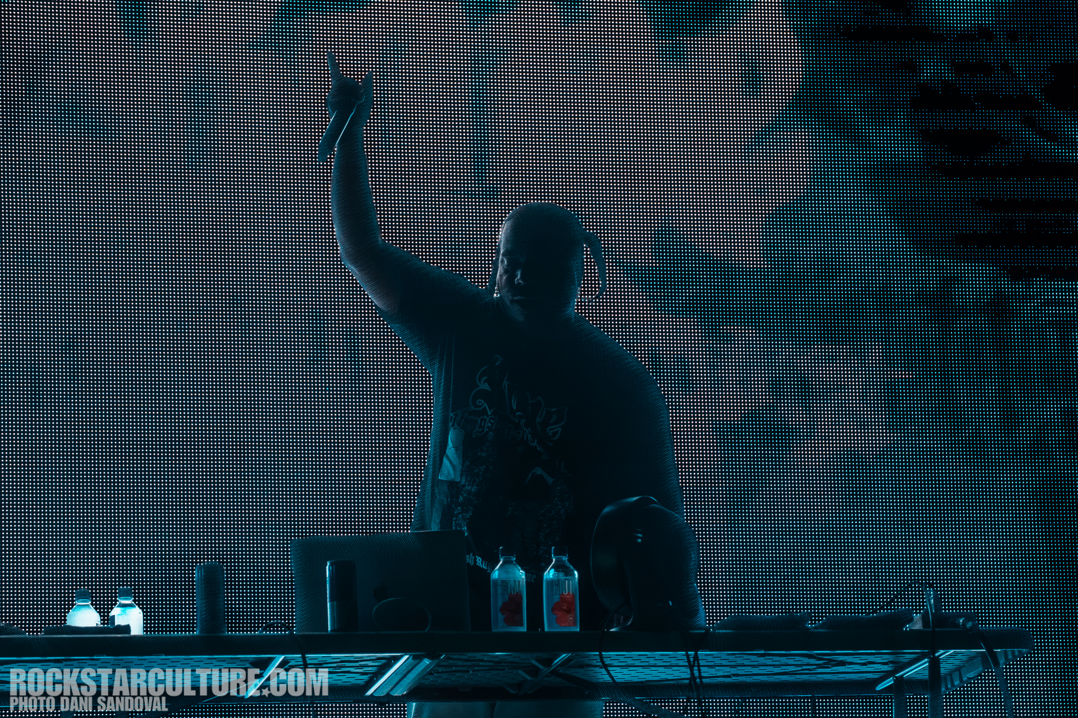A musician performing on stage, holding a microphone and raising one hand in a rock gesture, with a blurred LED screen backdrop and a DJ setup visible.